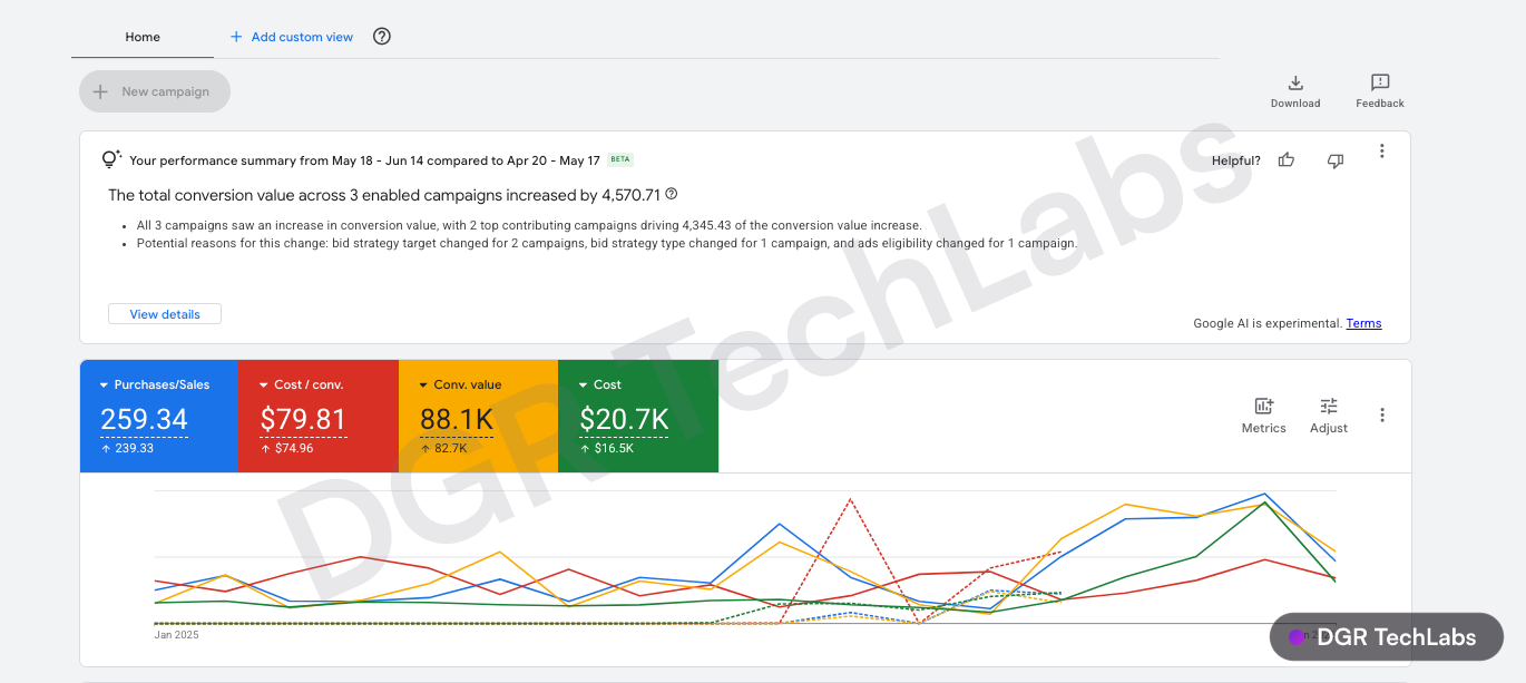 Google Ads overview for DuraCard showing purchases, cost per conversion, conversion value and cost