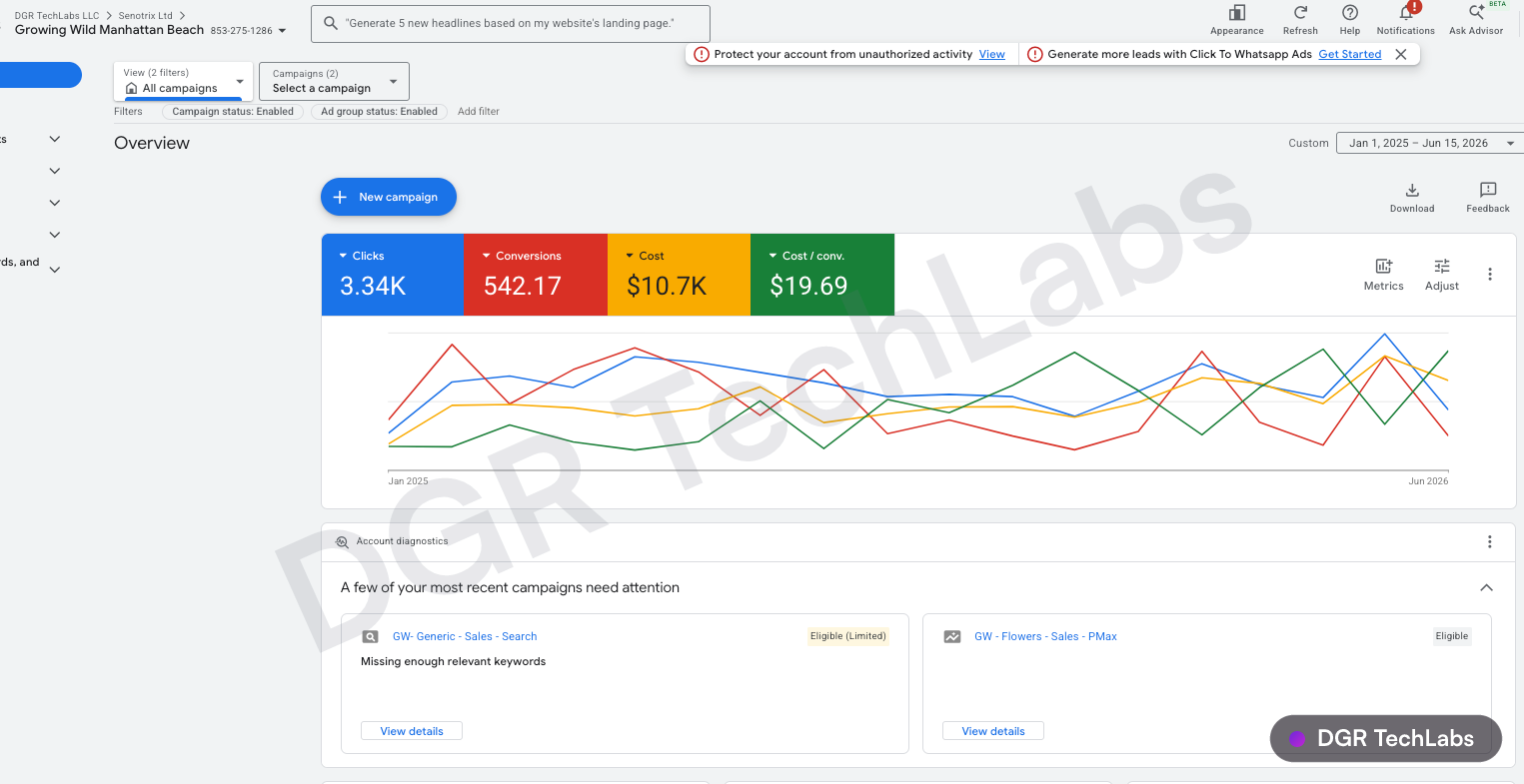 Google Ads overview for Growing Wild showing clicks, conversions, cost and cost per conversion