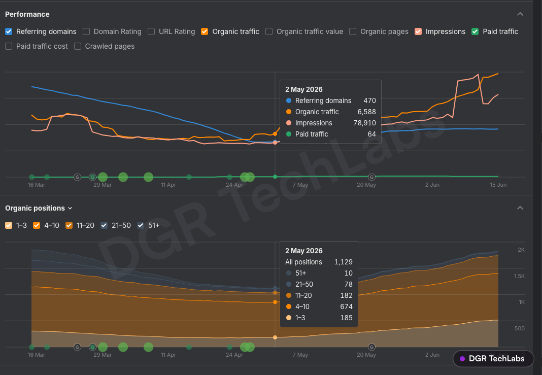 Ahrefs performance and organic positions for lilycharmed.com at the start of the engagement