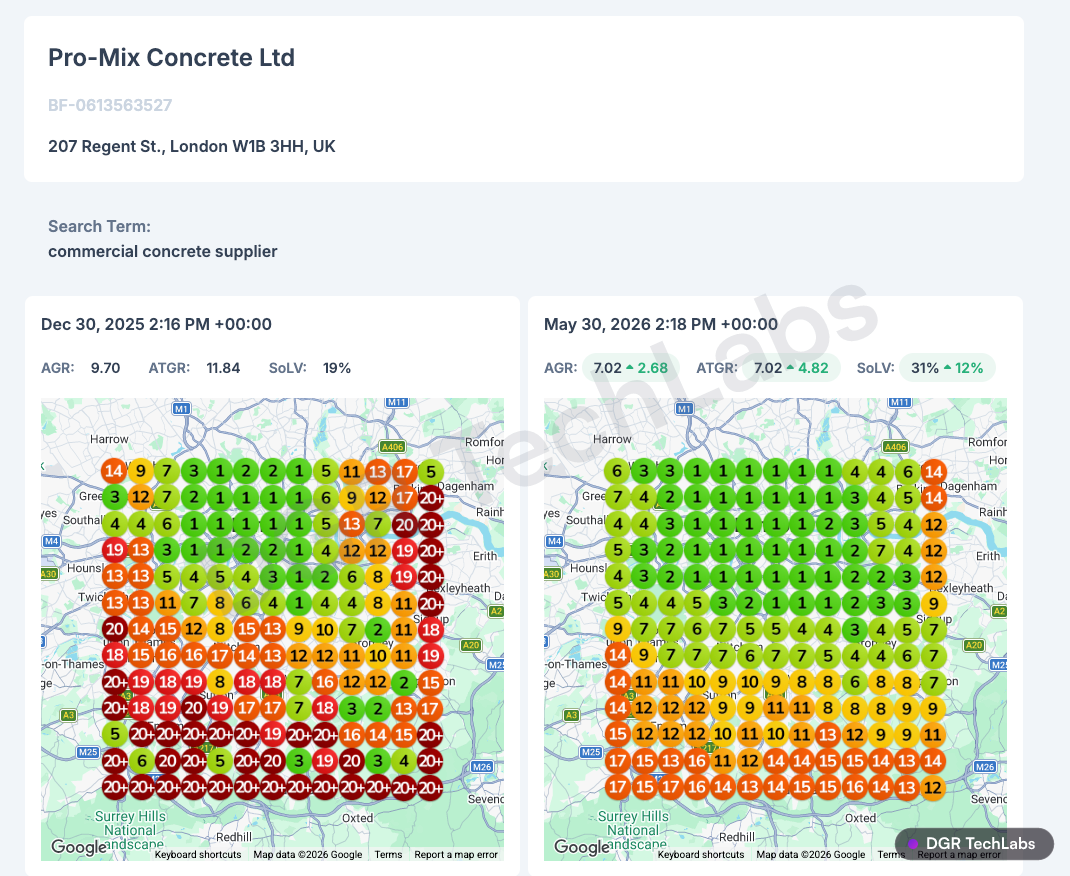 Local rank grid for 'commercial concrete supplier' showing coverage expanding over time